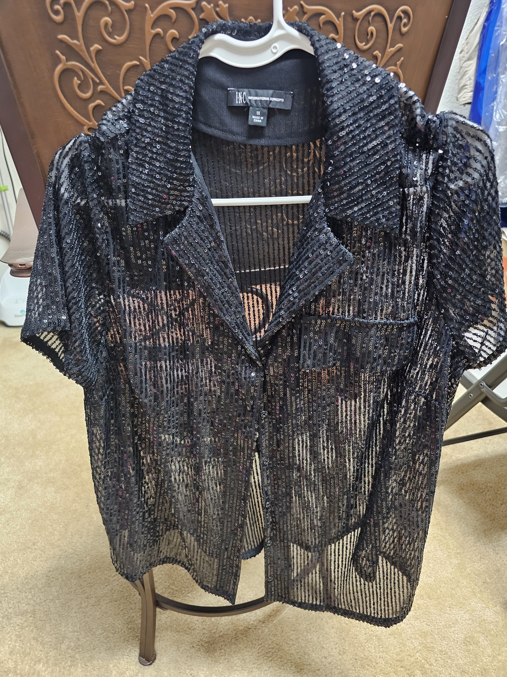 INC International Concepts Black Sequin Short-Sleeve Button Front Top